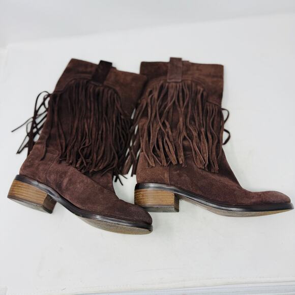 Lucky Brand Suede Fringe Western Boots Brown Mid-Calf Pull On Size 8 - Picture 1 of 11